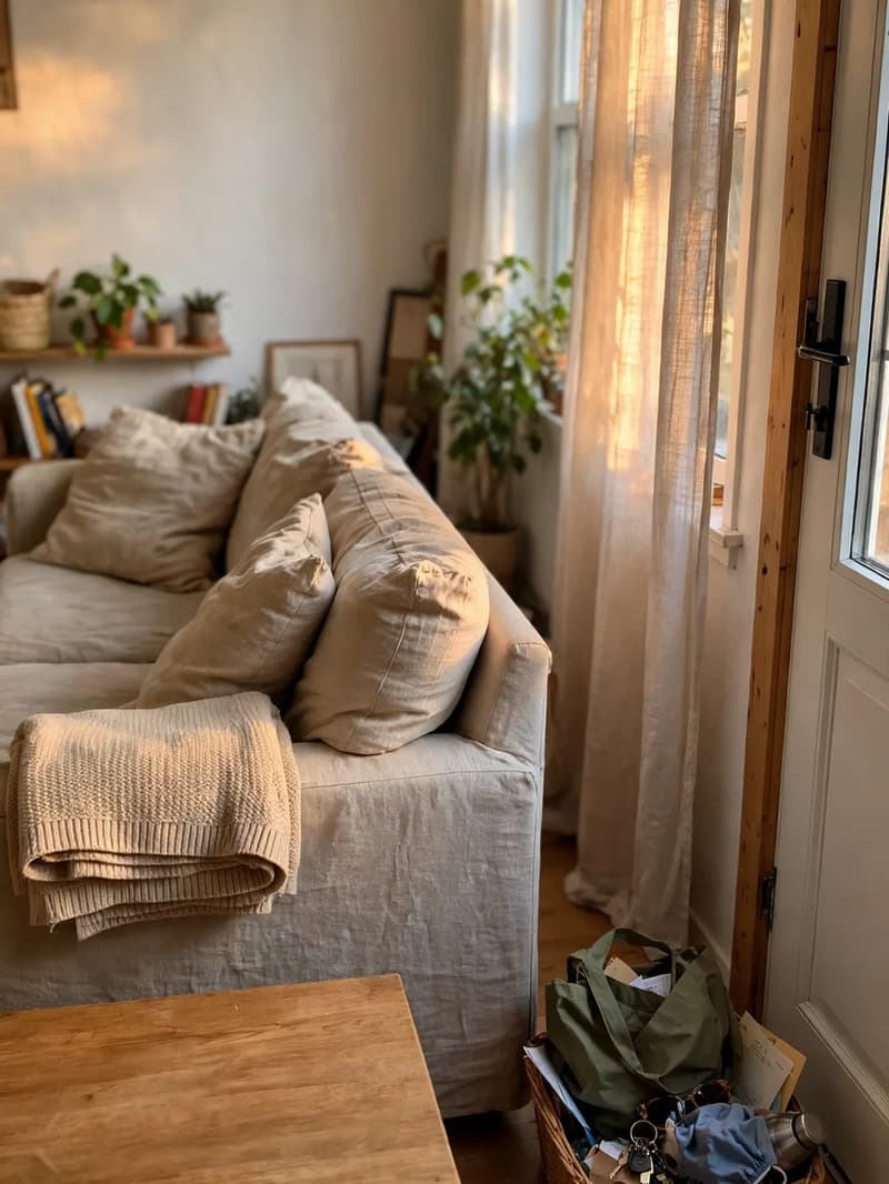 A calm living room in the evening with sofa cushions plumped, a basket of stray items and a coffee table cleared