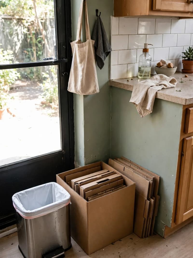 A stainless steel kitchen bin with a fresh liner beside a cardboard box of recycling ready to go out