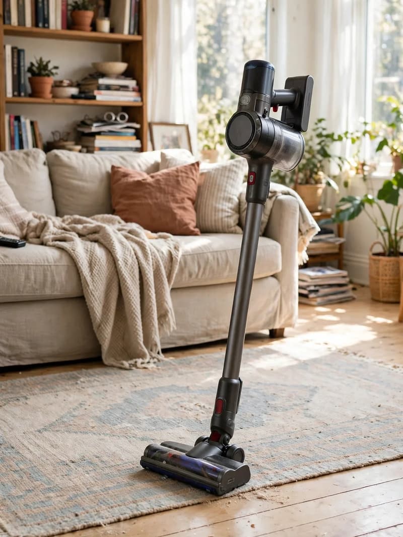 A cordless vacuum cleaning a patterned rug in a bright plant-filled room with wooden floors and a rattan chair