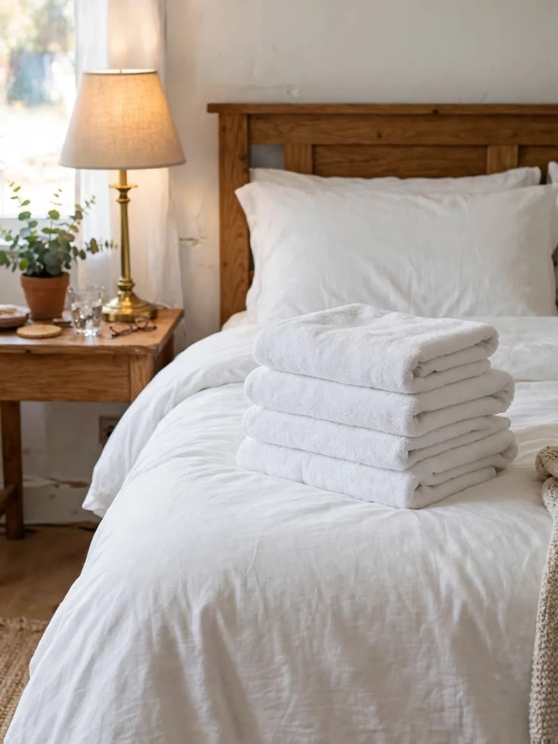 A bed with a neat stack of folded fresh white towels and bedding in a calm blue-and-white bedroom