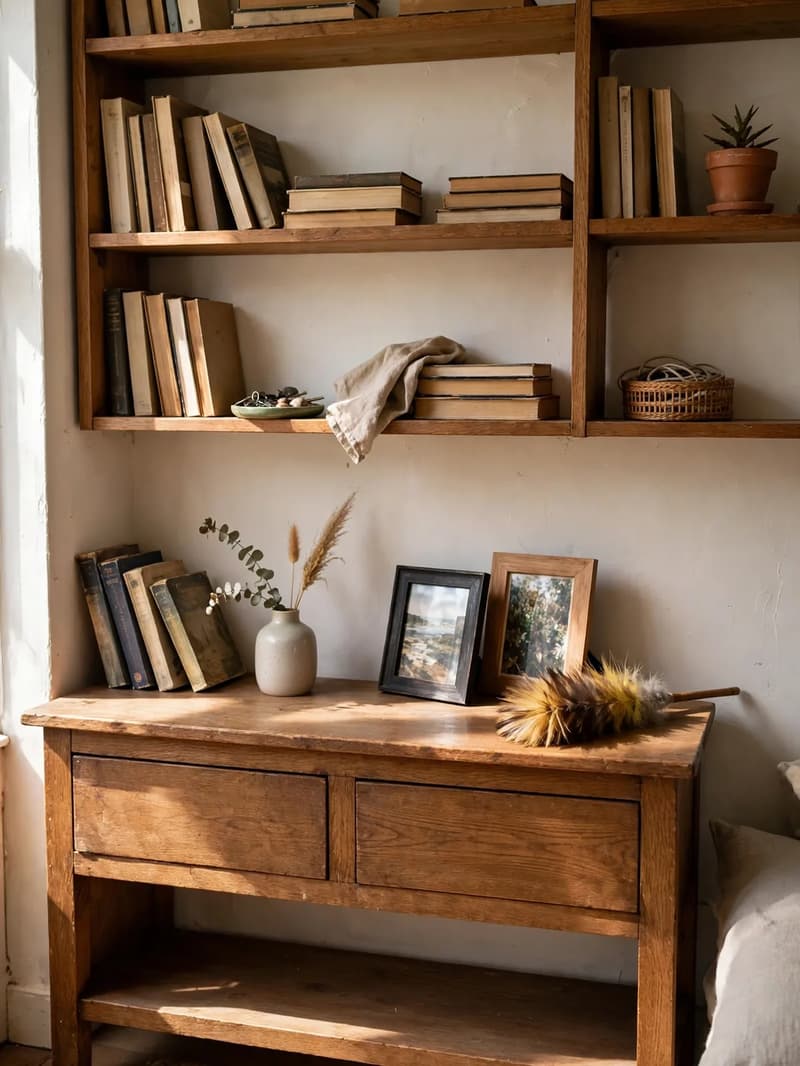 A hand dusting a wooden dining table and chairs with a feather duster in warm sunlight