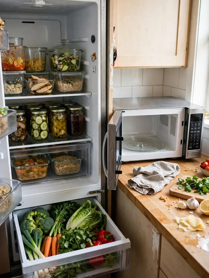 An open fridge with organised shelves beside an open clean microwave on a kitchen counter