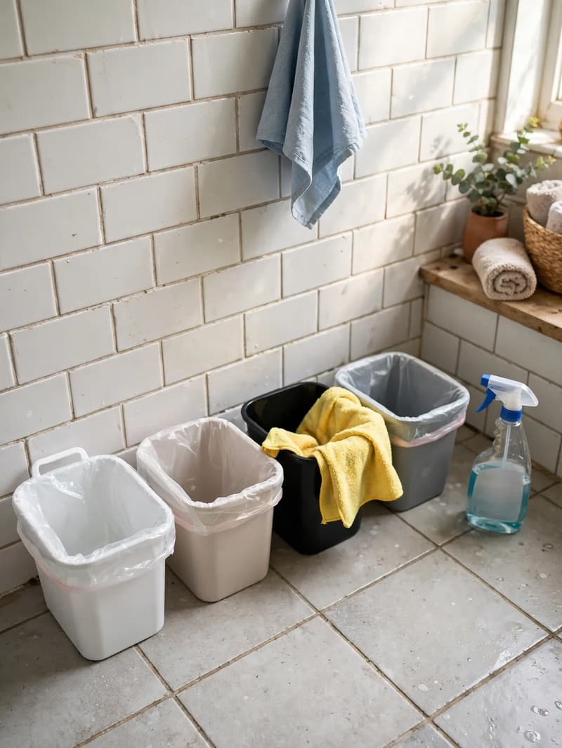 Four small household bins lined up on a tiled floor with fresh liners, a spray bottle and a yellow cloth beside them