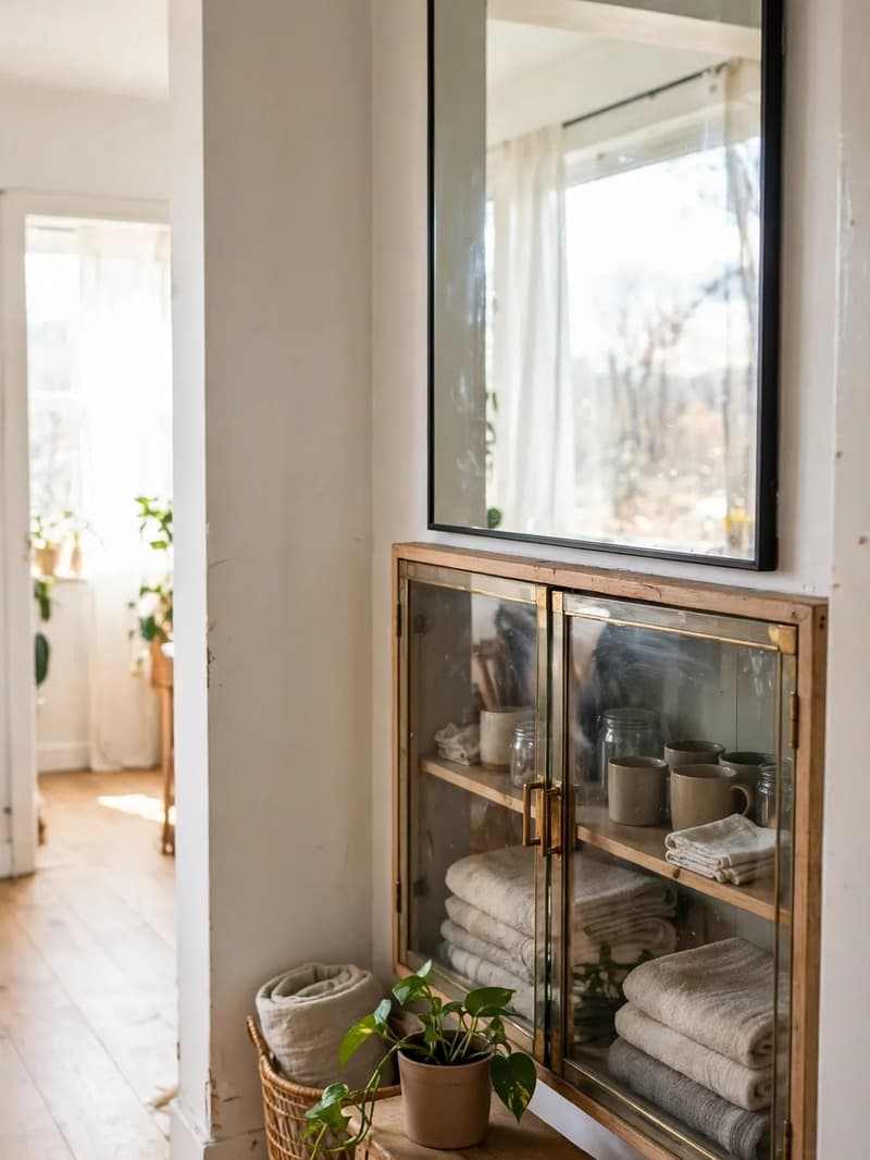 A large clean mirror above a glass cabinet in a bright hallway, reflecting the room and a pendant light