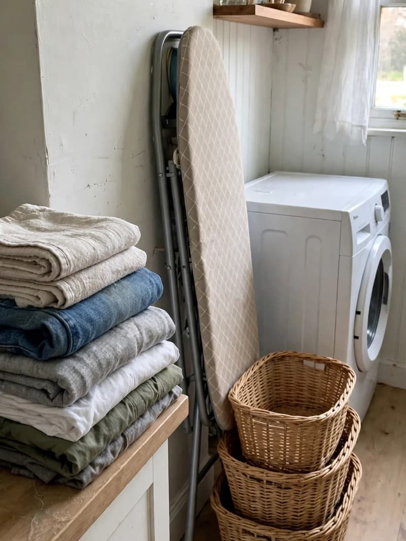 A reset laundry corner with folded clothes in baskets, an ironing board and a small sink in bright daylight