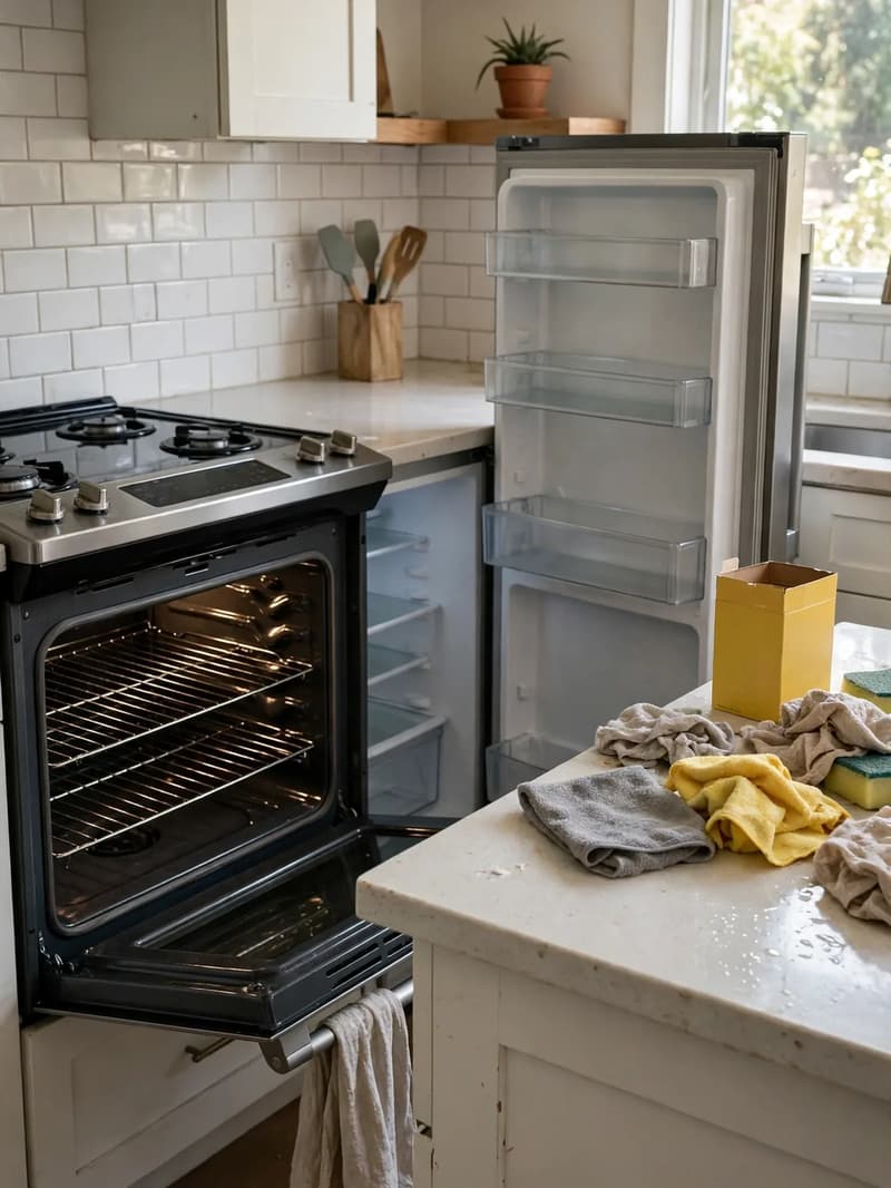 A kitchen mid deep-clean with the fridge emptied and open and the oven door down, shelves bare and ready to wash