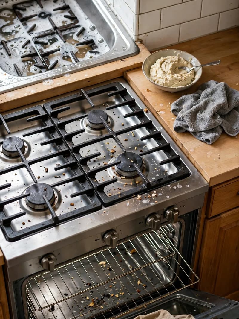 A stovetop mid deep-clean with grates soaking in the sink, a bowl of baking soda paste and the oven open below