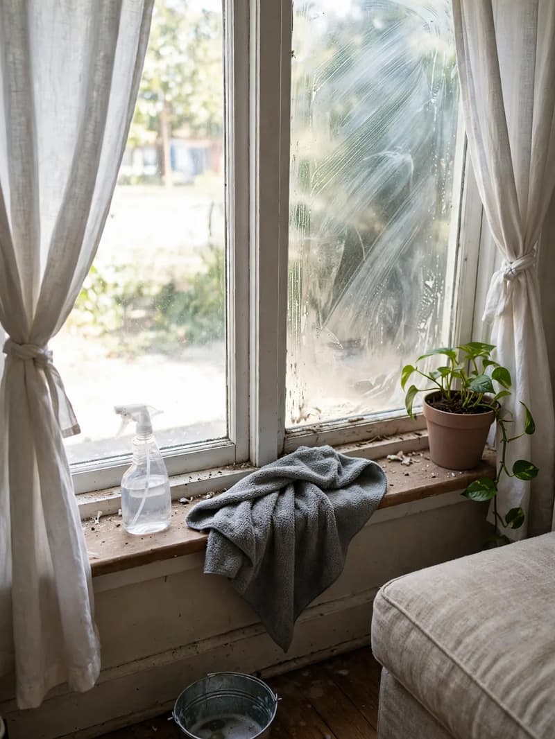 A window being washed with one soapy pane and one clear pane, a spray bottle and cloth on the sill and a bucket below