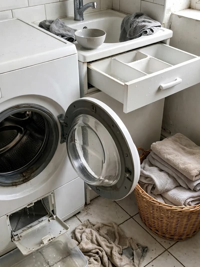 A front-load washing machine with its door open, filter flap open at the base, a tray and towel below and the detergent drawer pulled out