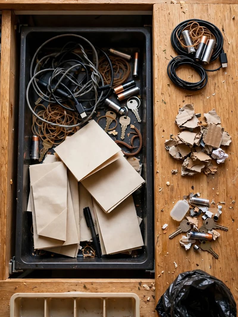 An open junk drawer being decluttered, with tangled cables, batteries and keys sorted into small piles beside a divider tray