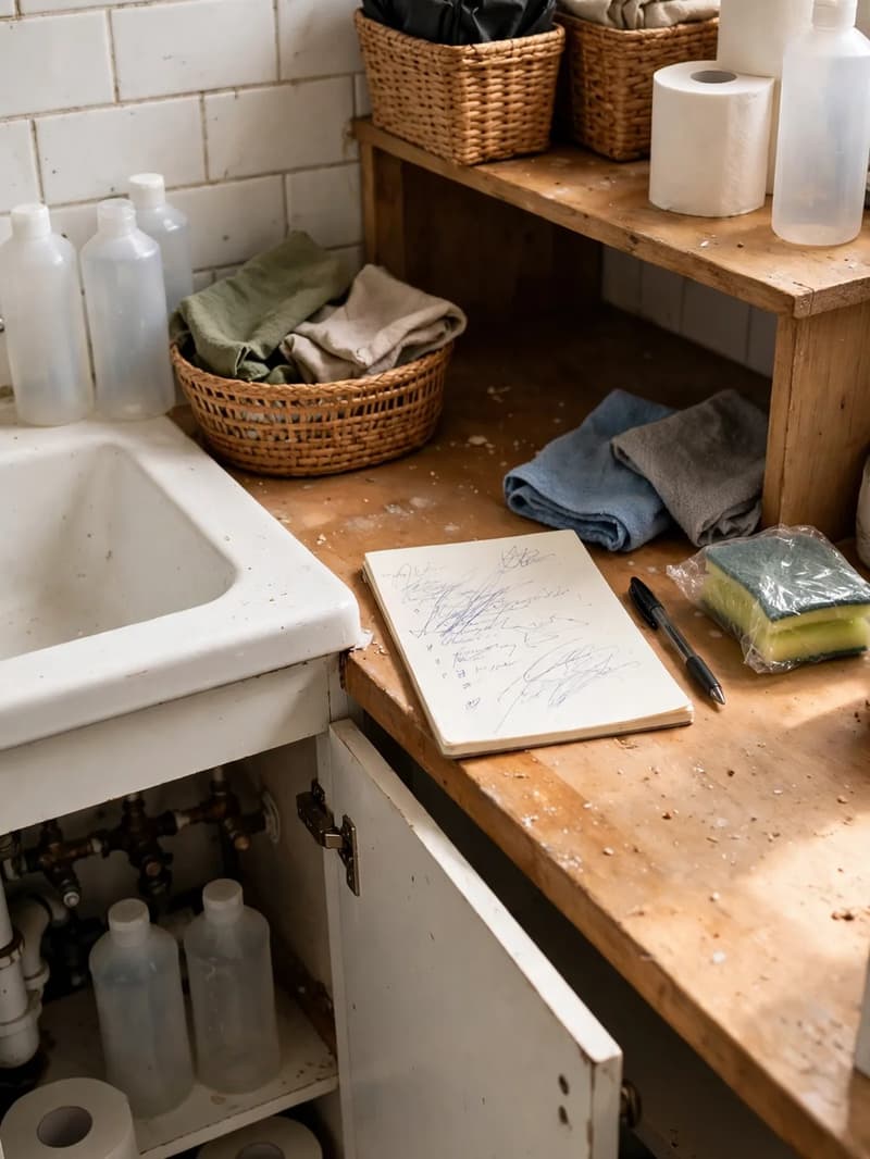 An under-sink cupboard restocked with spare rolls, bottles and folded cloths in baskets, a notepad and pen on the counter