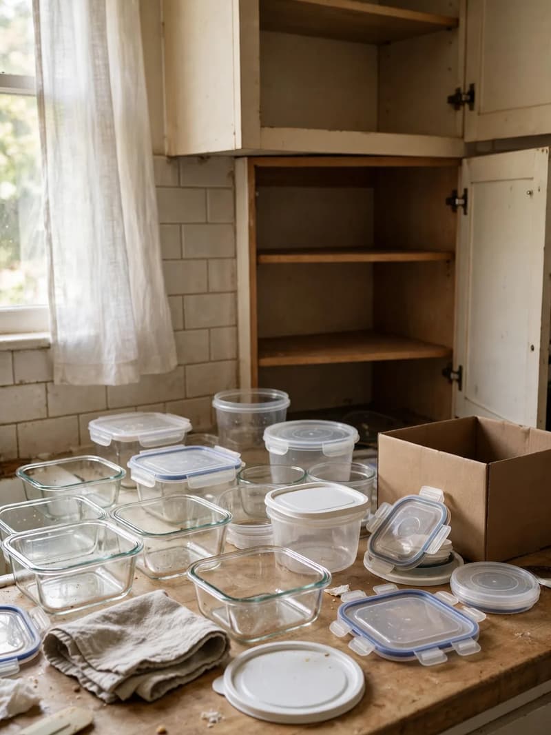 Empty kitchen cabinets with food containers and lids spread across the counter being matched into pairs, a cardboard box for orphans beside them