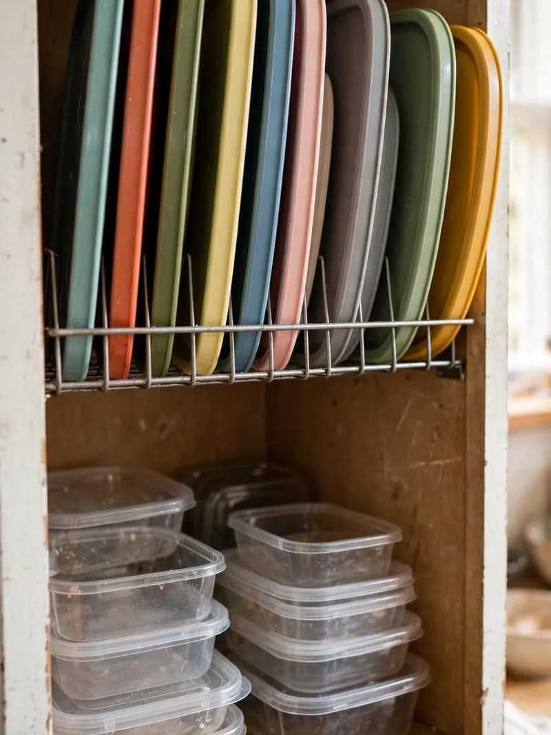 Colourful food container lids filed vertically upright in a wire rack inside a cabinet, with stacked container bases on the shelf below