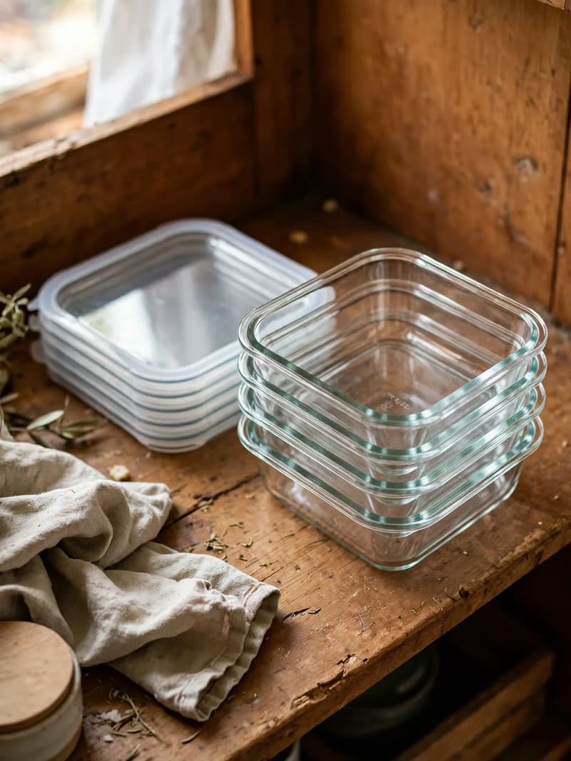 A neat nested stack of matching square glass food containers on a wooden cabinet shelf, lids stacked flat beside them