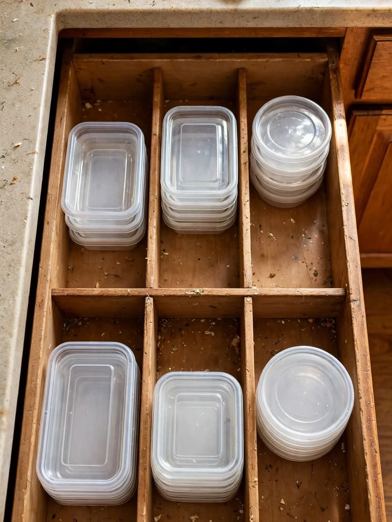 A deep kitchen drawer pulled open with wooden dividers separating neat stacks of clear food containers by size