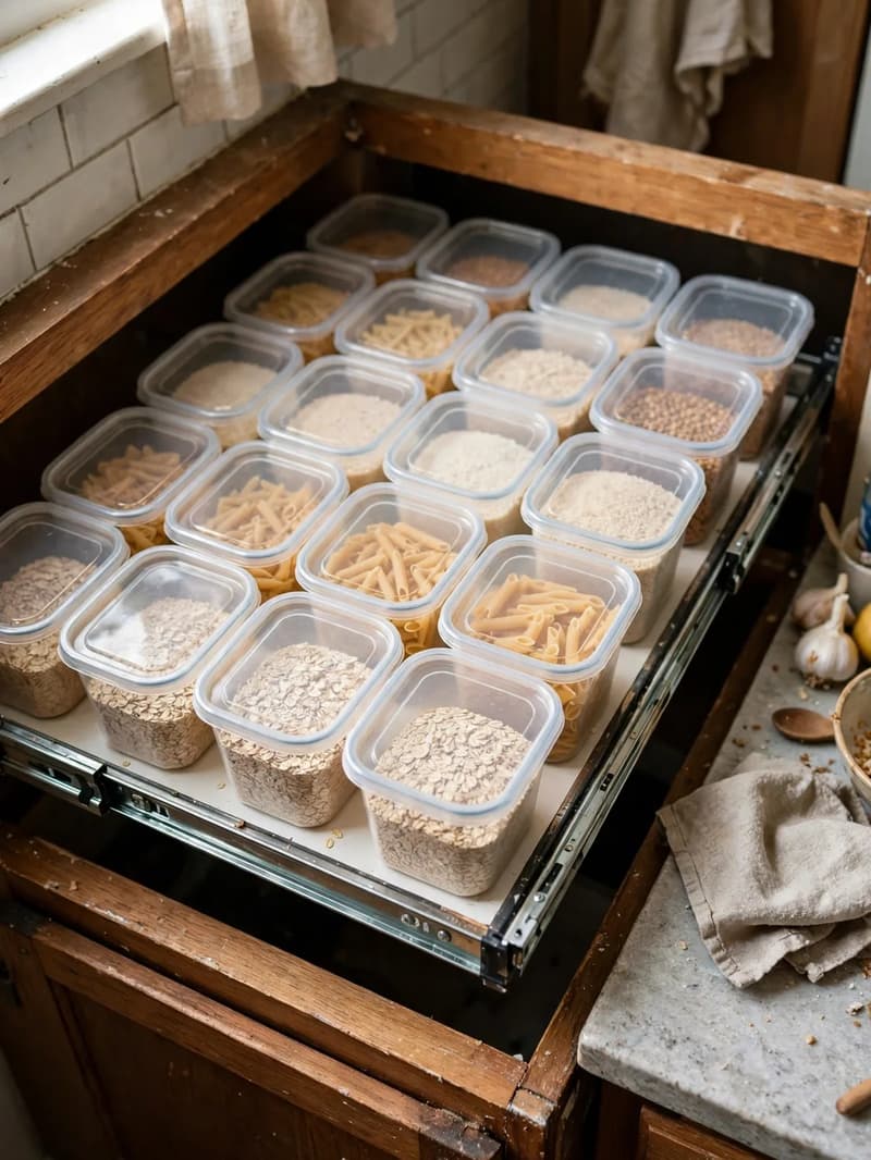 A pull-out cabinet shelf slid fully out on metal rails, loaded with rows of clear food containers filled with pasta, oats and grains