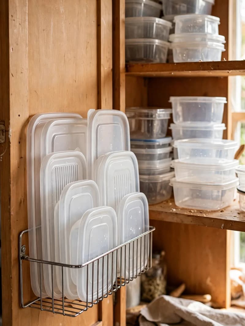 An open wooden cabinet door with a wire rack mounted inside holding clear container lids upright, stacked containers on the shelves behind