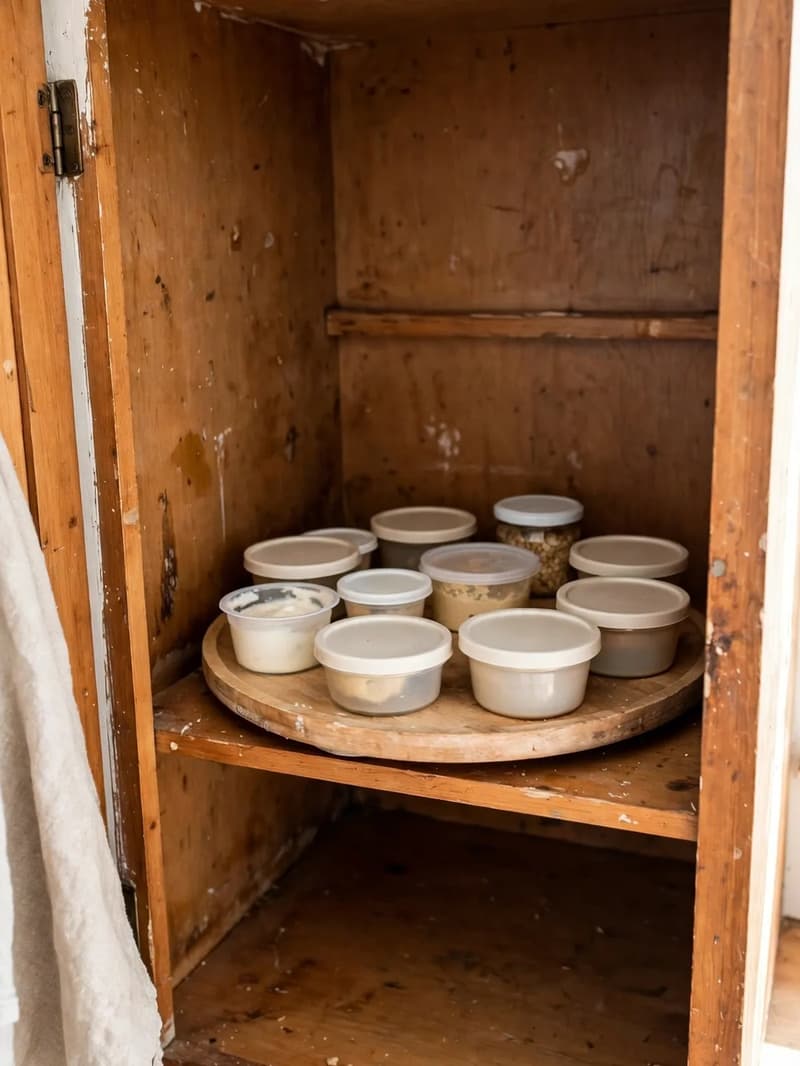 Small round food containers with lids arranged on a wooden lazy susan turntable inside an open kitchen cabinet