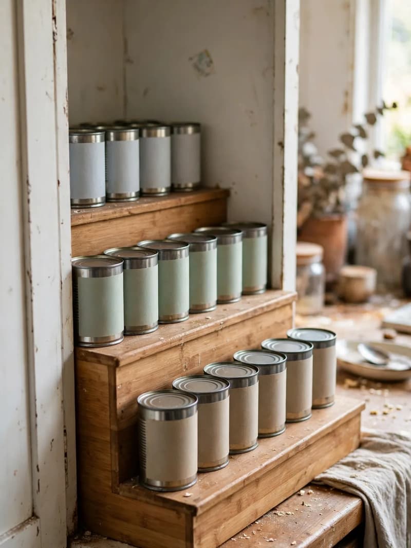 Plain unlabeled food cans arranged in rows on a three-tier wooden stepped riser inside a kitchen cabinet, every row visible