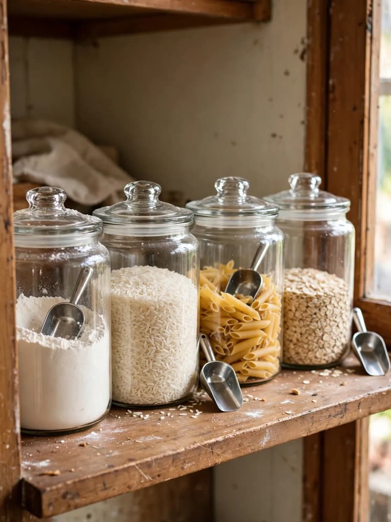 A row of uniform clear glass canisters filled with flour, rice, penne pasta and oats on a cabinet shelf, small metal scoops resting beside them