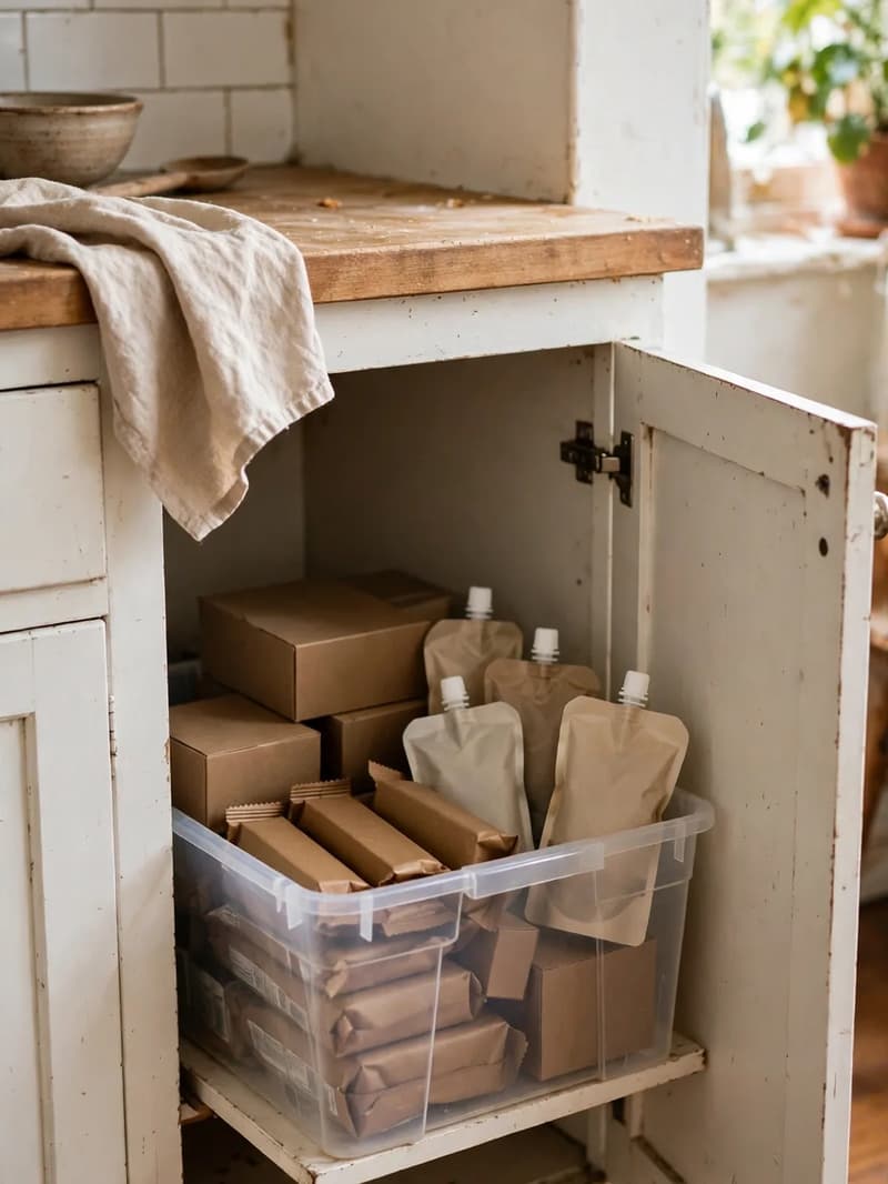 A low kitchen cabinet with its door open and a clear bin inside holding plain snack bars, small boxes and fruit pouches at child height