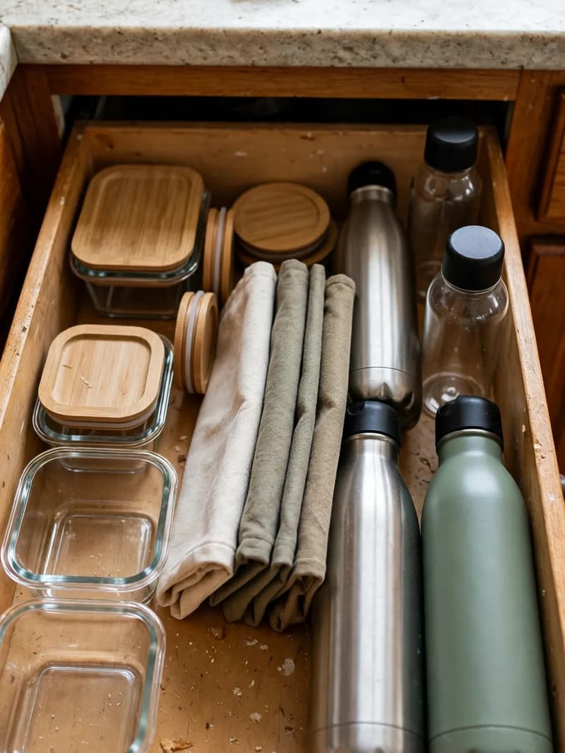 An open kitchen drawer arranged as a lunch packing station with glass containers, wooden lids, folded reusable bags and water bottles in sections