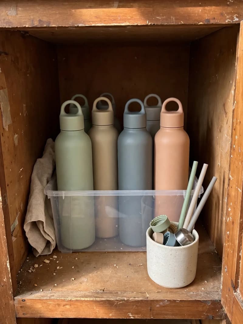 Reusable water bottles in muted colours standing upright in a clear bin inside a cabinet, a small ceramic cup beside them holding caps and straws