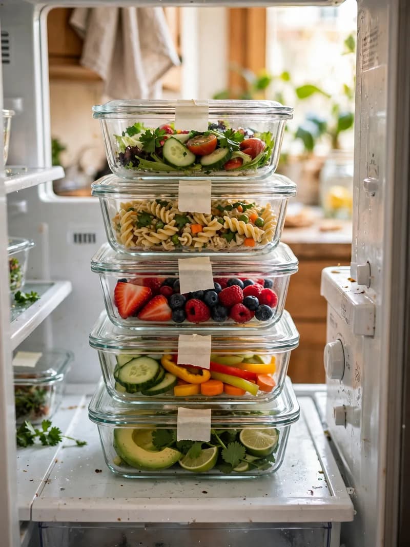Glass leftover containers with blank masking tape strips on their lids, stacked neatly on a refrigerator shelf with salad, pasta and fresh fruit inside