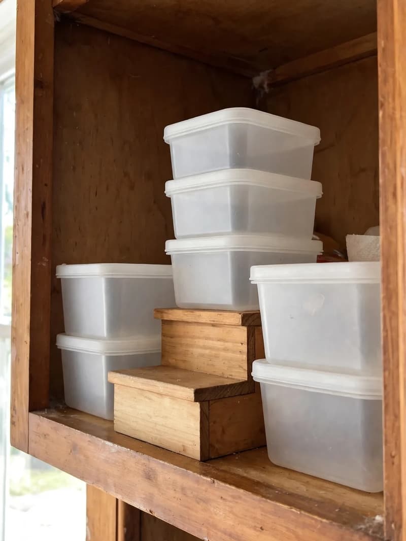 Stackable square food containers in short stacks on a small wooden riser on an upper kitchen cabinet shelf