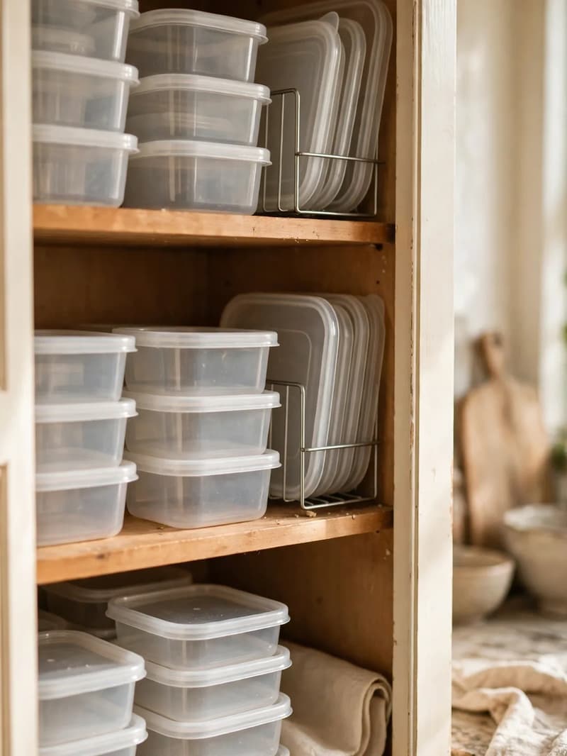 A tidy open kitchen cabinet after a reset, with stacked clear containers and lids filed in wire racks on clean wooden shelves in morning light