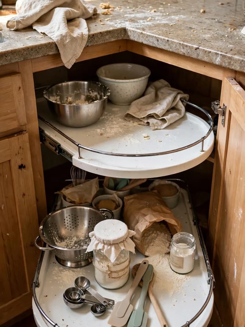Lower corner cabinet with two kidney-shaped swing-out shelves pulled towards the viewer holding mixing bowls and baking supplies