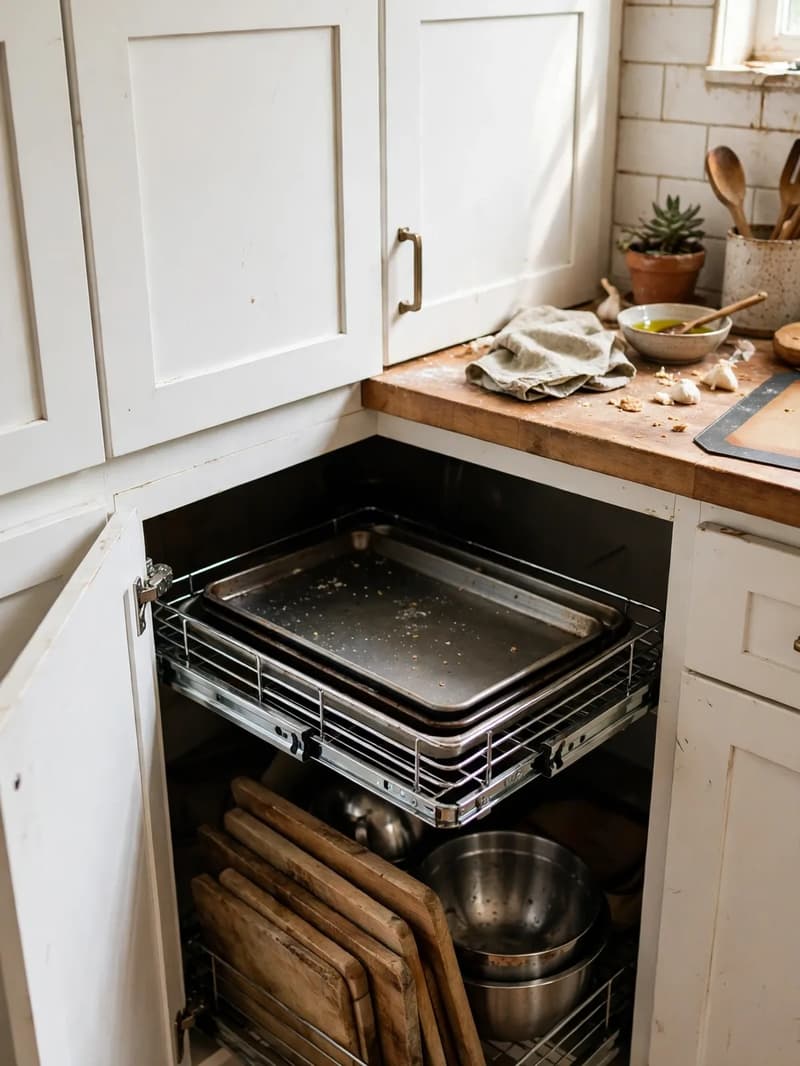 Chrome pull-out magic corner unit halfway out of a lower blind corner cabinet, wire baskets holding baking trays and mixing bowls