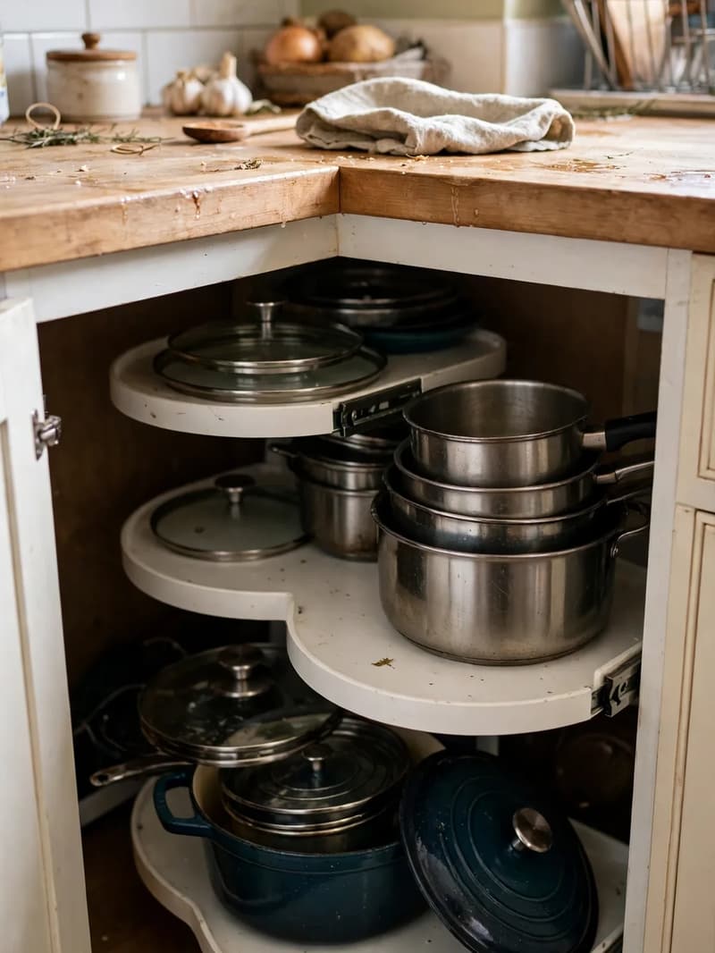 Deep lower corner cabinet with white half-moon pull-out shelves swung out holding saucepans, a Dutch oven and lids