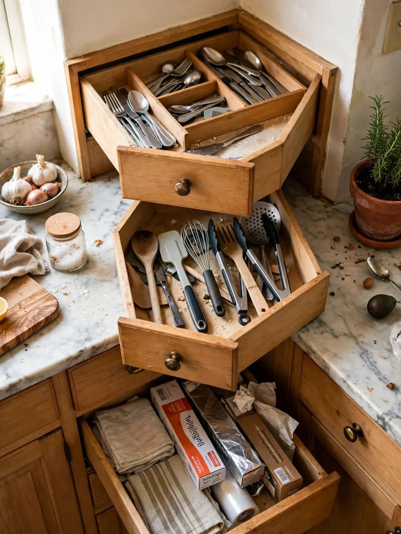 Three diagonal corner drawers pulled open in a kitchen showing cutlery, utensils and tea towels stored inside