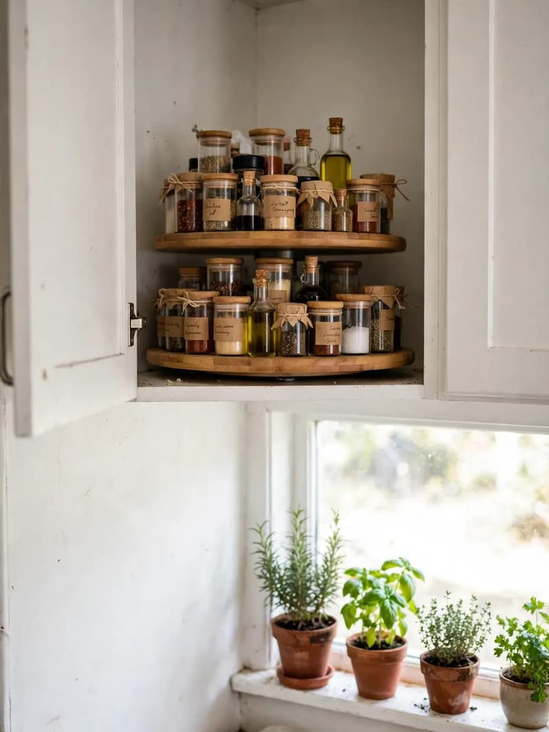 Open upper corner cabinet with a two-tier turntable full of spice jars and small oil and vinegar bottles