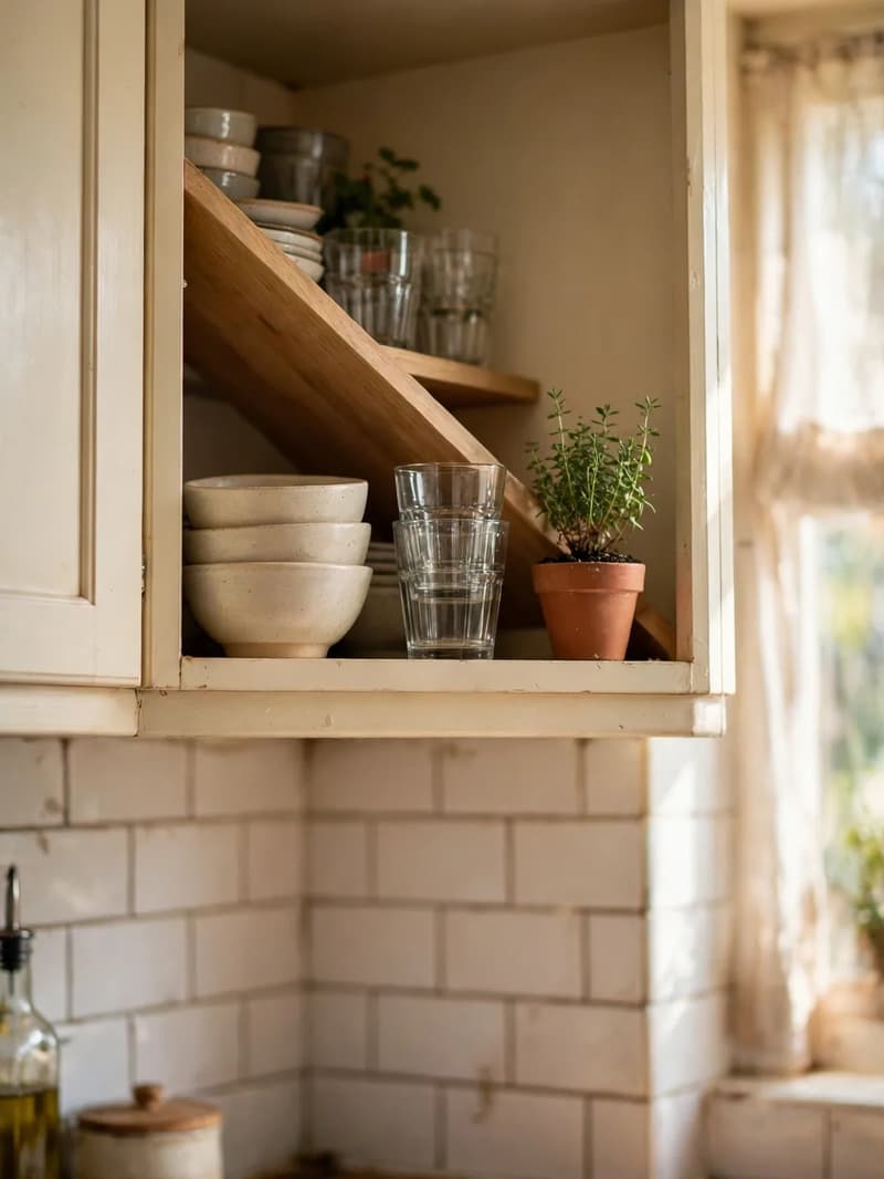 Upper corner cabinet with a light wood diagonal shelf insert displaying stacked ceramic bowls, glasses and a small potted herb
