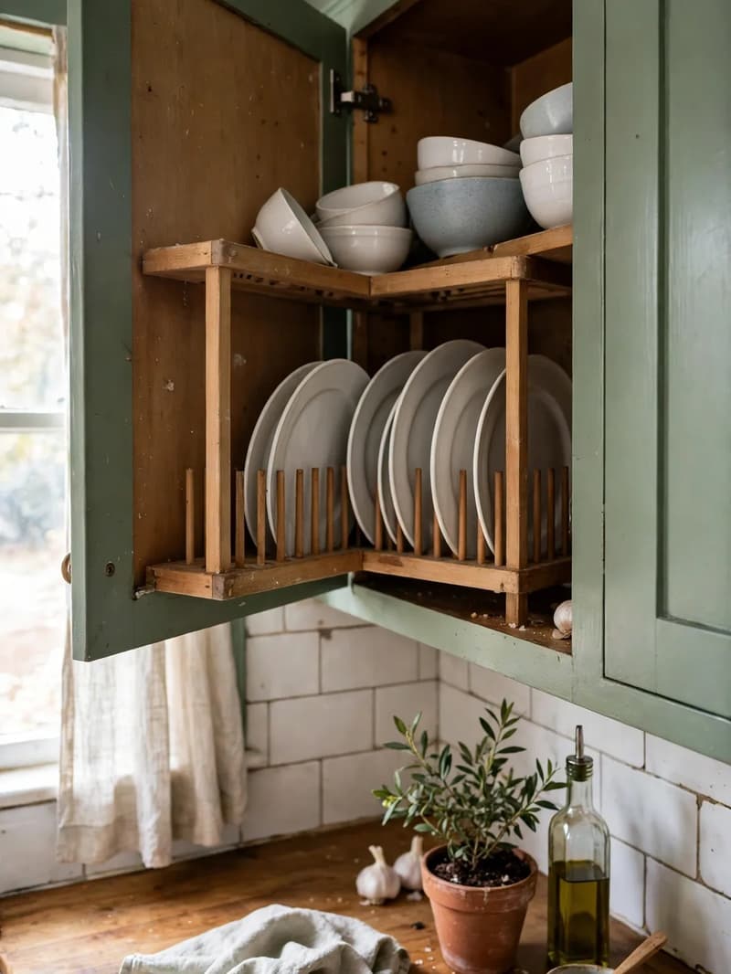 Upper corner cabinet with a wooden corner plate rack holding white dinner plates standing upright with bowls on the shelf above
