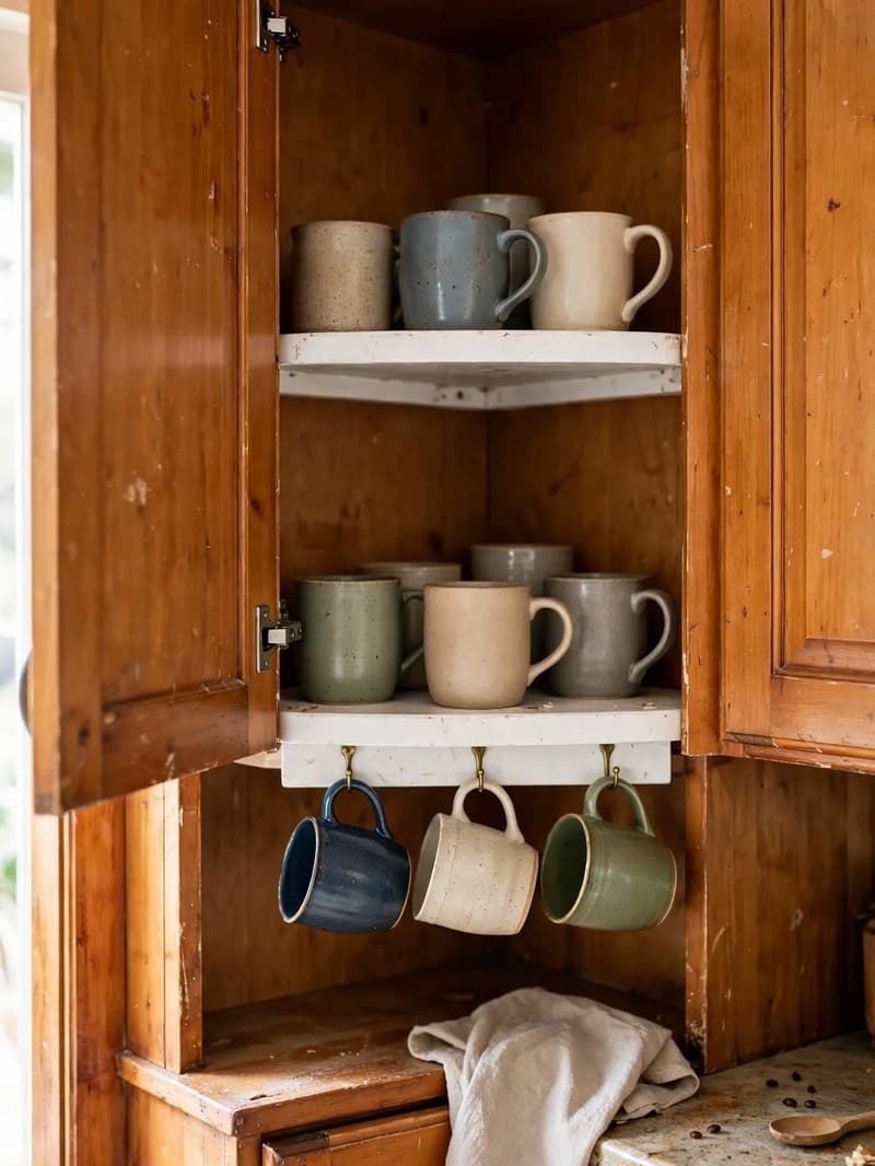 Upper corner cabinet with a stackable corner shelf riser holding mugs on two levels with more mugs hanging from hooks below