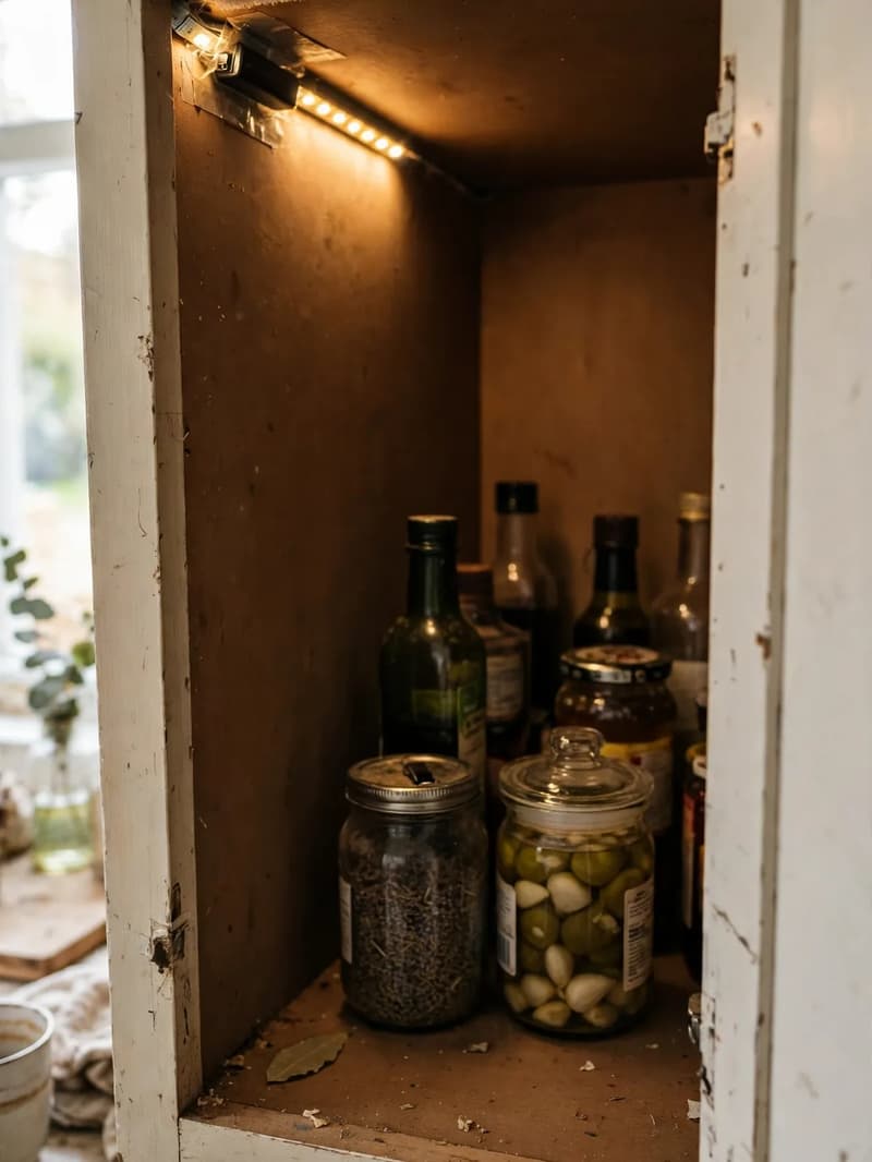 Inside of a deep corner cabinet lit by a warm battery LED light strip under the top edge, jars at the back clearly visible