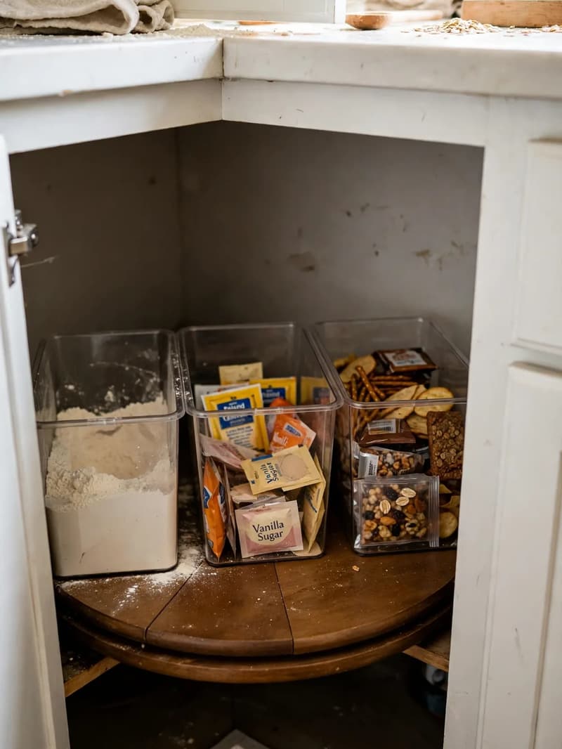 Deep lower corner cabinet with clear storage bins on a large round turntable holding baking supplies, packets and snacks