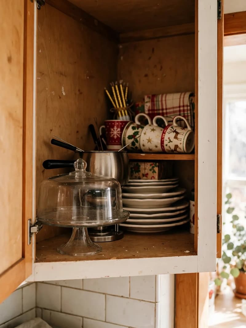 Upper corner cabinet holding rarely used party and seasonal items, a glass cake stand, fondue pot, stacked platters and holiday mugs