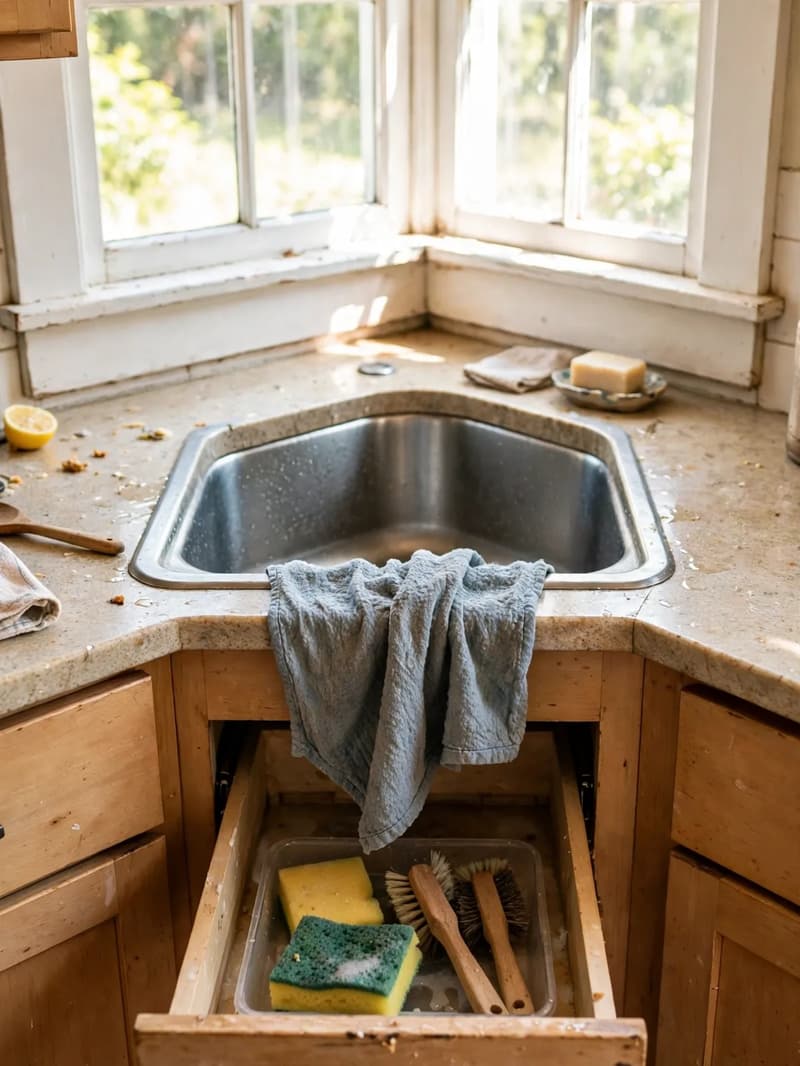Corner kitchen sink with the false drawer front tilted open showing a tray with sponges and a scrub brush inside