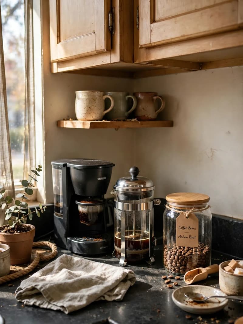 Coffee corner on a kitchen countertop under an upper corner cabinet with a small coffee maker, mugs, a jar of beans and a French press