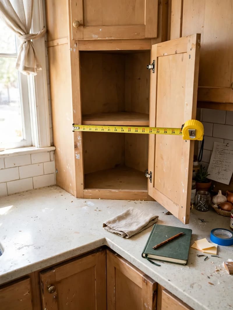 Empty open corner kitchen cabinet being measured with a yellow tape measure stretched across the opening and a notebook on the counter