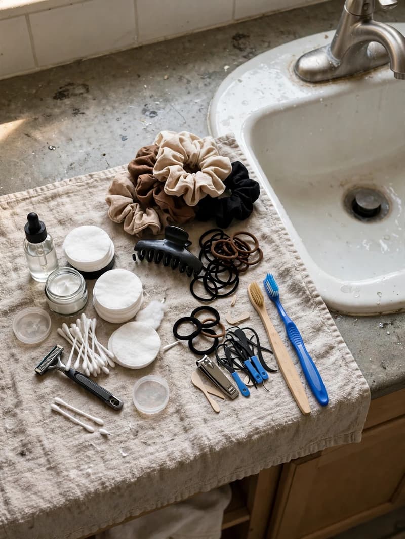 A bathroom counter mid-audit with everyday products grouped into piles on a towel beside the sink