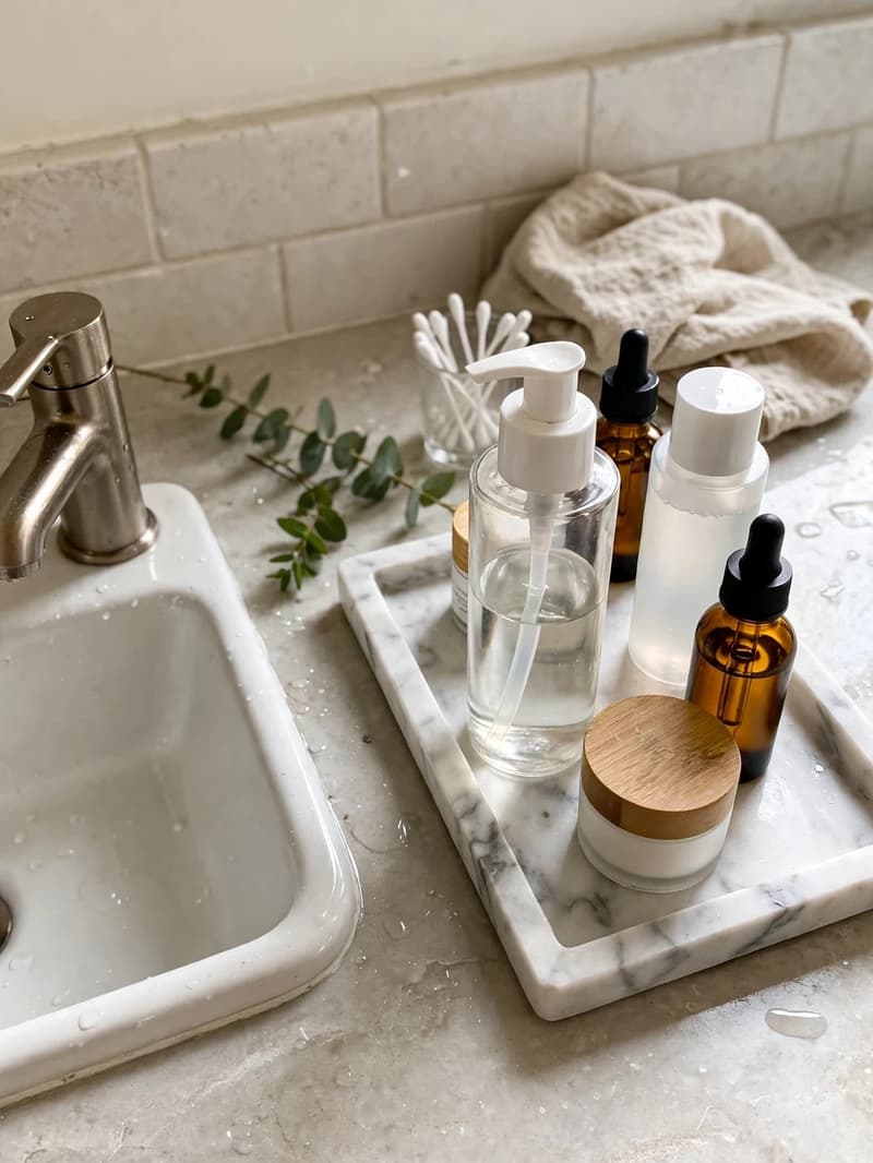 A marble-look tray holding skincare bottles neatly beside a small bathroom sink