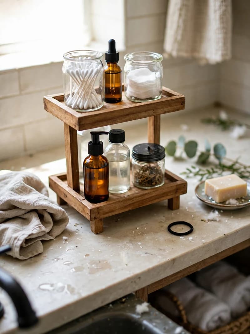A two-tier wooden stand with jars and bottles on a small bathroom counter