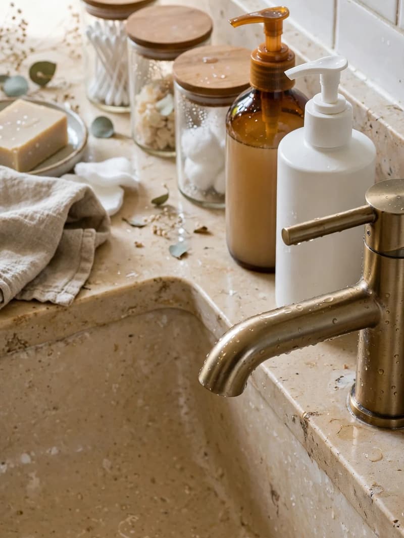 Matching amber and white pump bottles and jars lined neatly by a bathroom faucet