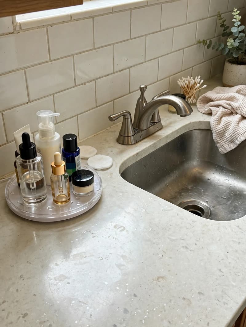 A small rotating turntable with skincare bottles beside a bathroom sink