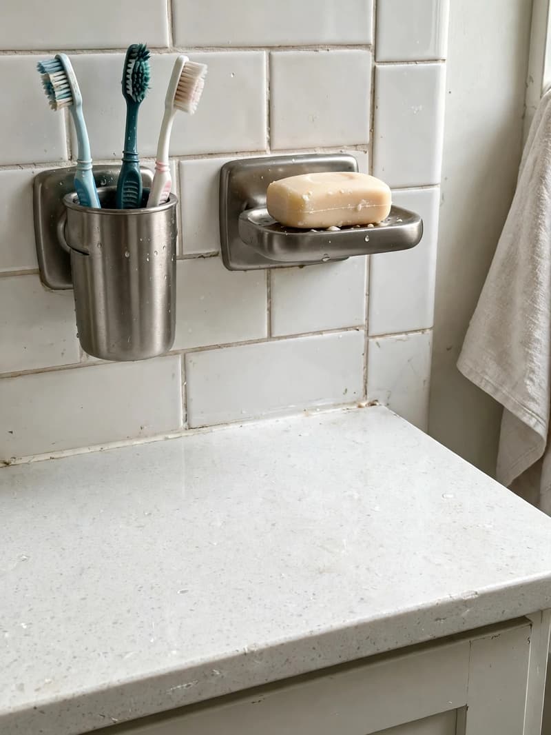 A wall-mounted toothbrush holder and soap dish above a bathroom counter that is clear below